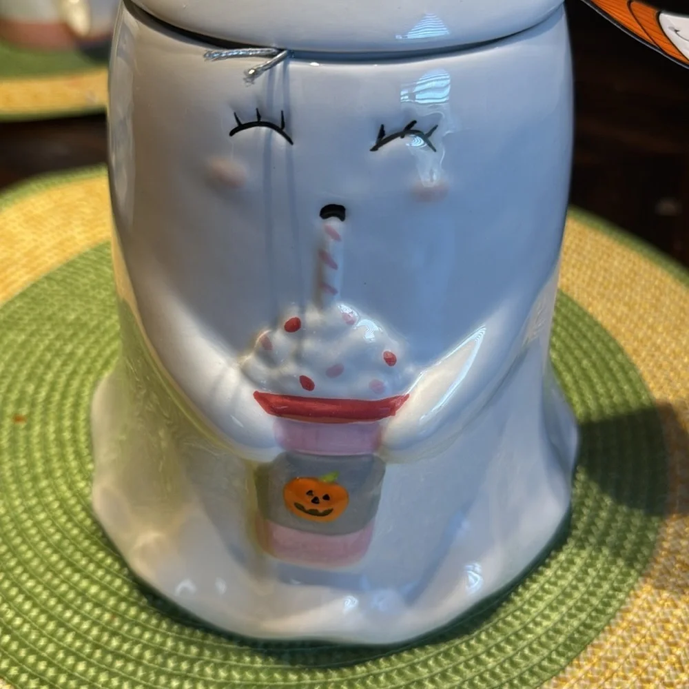 White cute Halloween Ghost Ceramic cookie Jar with Straw Design - Picture 6 of 6